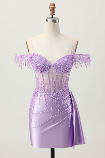 Lilac Sequins Cold Shoulder Beaded Corset Short Party Dress